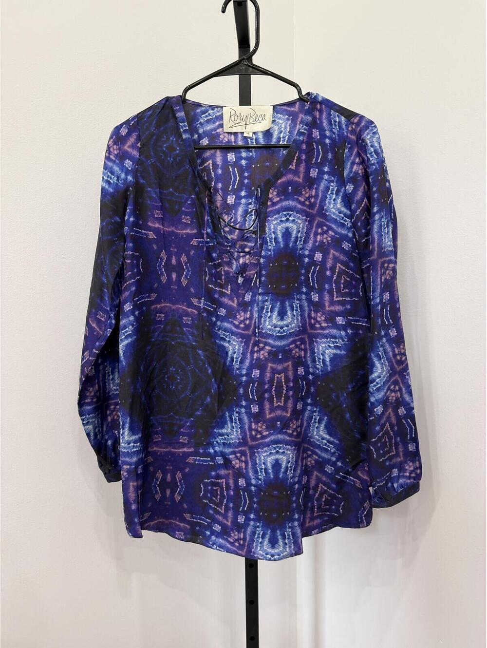 Rory Beca Women's Long Sleeve Blouse XS Blue Purple Patterned